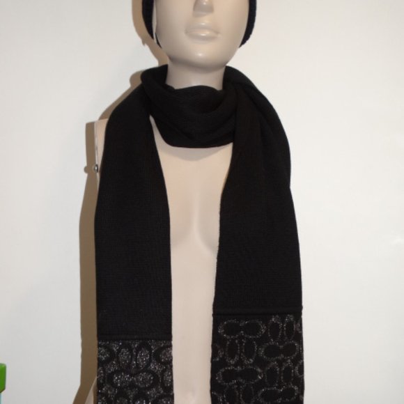 Coach Black Signature Knit Oblong Scarf C5127 & Rib Knit Hat 86553 New with Tags - Picture 3 of 3